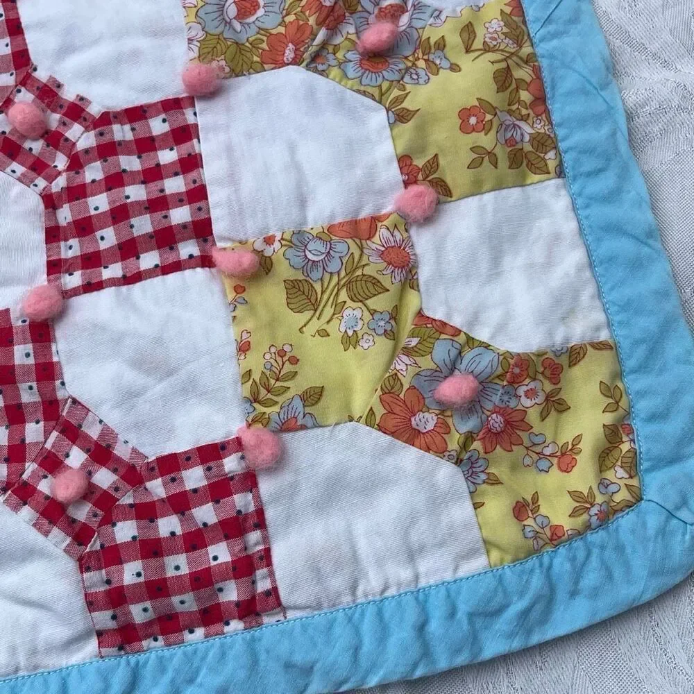 Vintage patchwork with Pom Pom baby blanket 35”X 52”